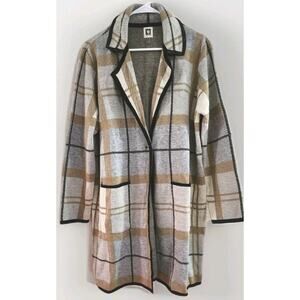 Anne Klein Longline Plaid Fall Cardigan Sweater Plaid Size XL Brown Gray Cream